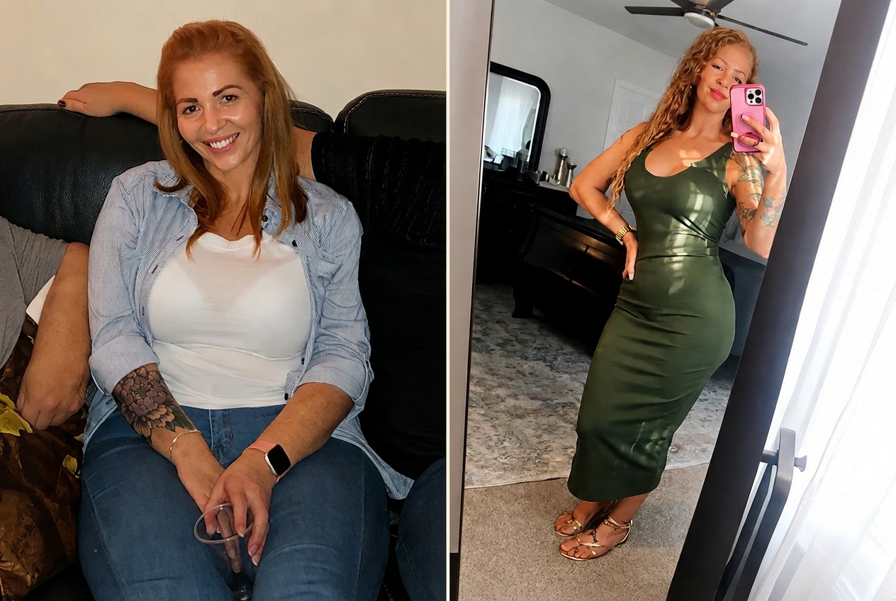 Charity transformation: side-by-side before and after — casual photo next to a confident photo in a green dress