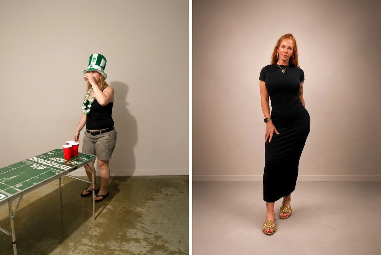Charity transformation: 2010 before photo next to a confident 2025 after photo