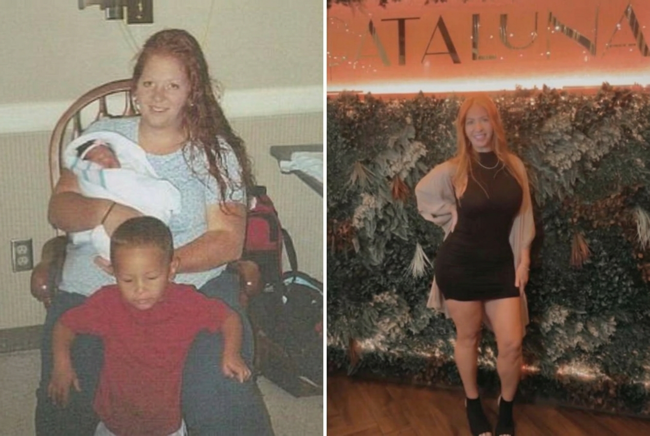 Charity transformation: side-by-side before and after — younger photo holding her baby next to a confident after photo in a black dress
