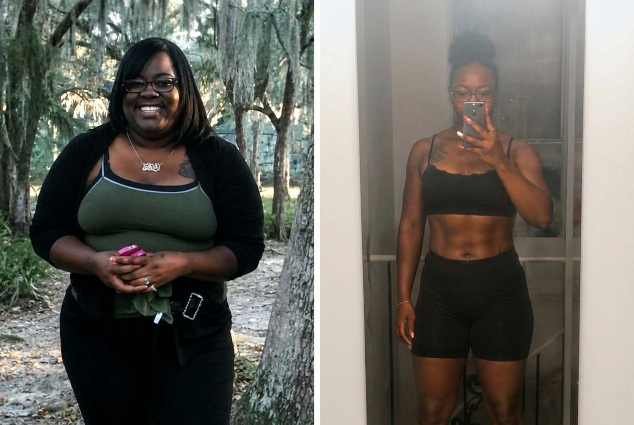 Courtney Davis client transformation: before and after photos showing weight loss, more energy, strength, and confidence